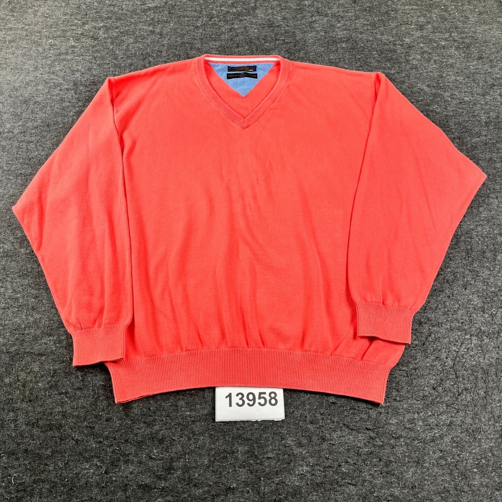 Tommy Hilfiger Golf Sweater Mens XL Coral Knit Cotton V Neck Long Sleeve Casual
